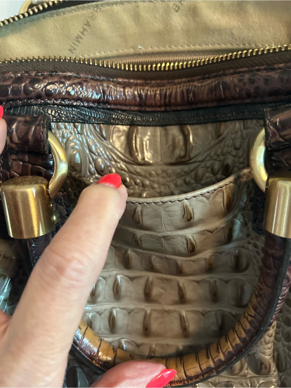 Brahmin Taupe Croc-Embossed Satchel with Dark Brown Trim - Picture 6 of 8